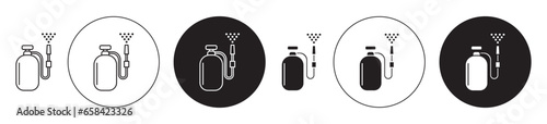 Pressure sprayer icon set. pesticide spray pump vector symbol. disinfection sign in black filled and outlined style.