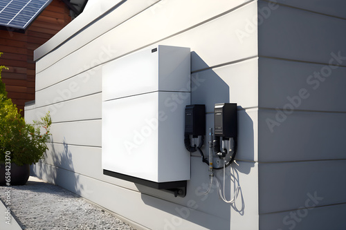 battery packs alternative electric energy storage system at home garage wall as backup or sustainable energy concepts