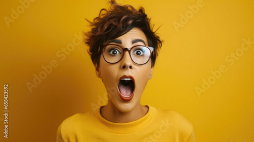 Young shocked woman in glasses standing over yellow background with surprise and amazed expression, excited face. © Synthetica