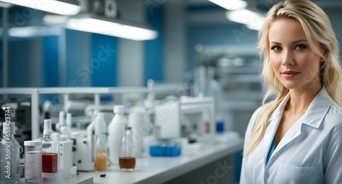 Portrait banner of beautiful blonde laboratory technician female in the lab, background with copy space text 