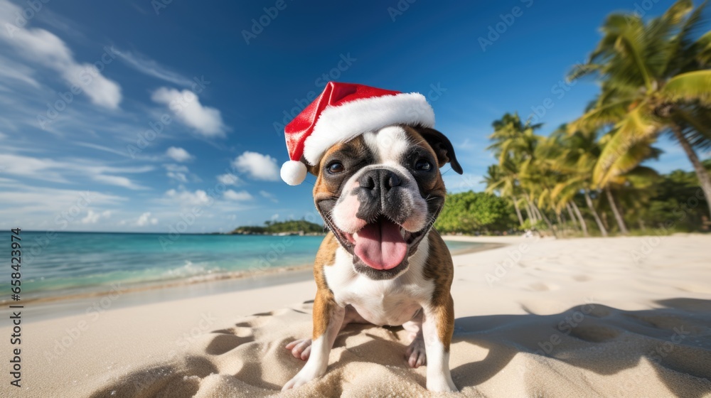 Dog dress up in Christmas costumes at Christmas party on beach. 