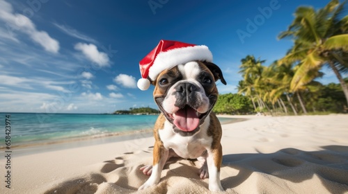 Dog dress up in Christmas costumes at Christmas party on beach.  © ANEK