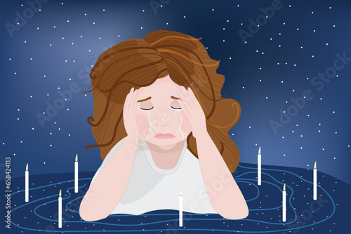 Sad woman with broken heart. The young angry woman has problems in the relationship. The girl feels hurt. Has depression. She is insanely sad and abandoned. Misses the person who died. Hand drawn vect