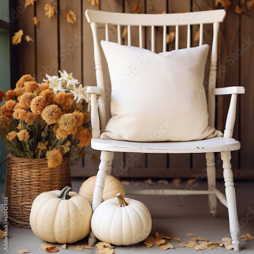 Blank White Throw Pillow Mockup in a Rustic French Country Fall Decorated Home photo