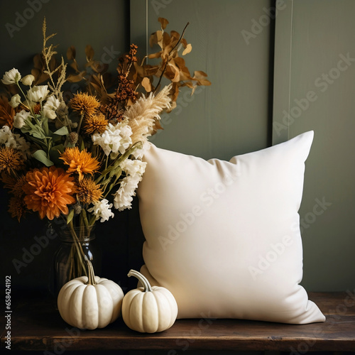 Blank White Throw Pillow Mockup in a Rustic Fall Decorated Home photo