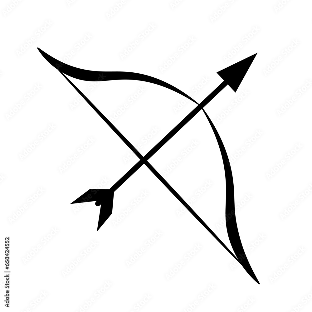 Arrow and bow illustration. Black contour linear silhouette. Side view. Vector simple flat graphic illustration. Isolated object on a white background Arrow and bow illustration. Black contour linear silhouette. Side view. Vector simple flat graphic illustration. Isolated object on a white background