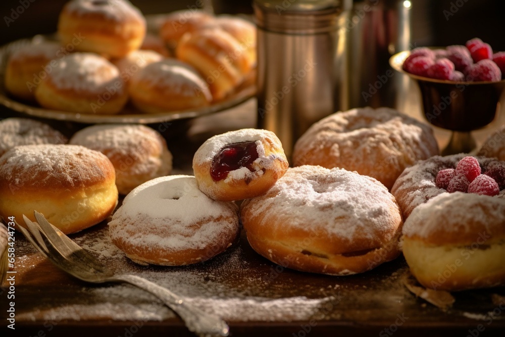 Close-up of pastries, sprinkled with powdered sugar presented on a vintage table. Generative AI
