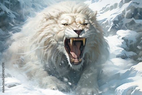 illustration of roaring snow lion. Generative AI
