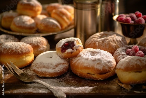 Close-up of pastries, sprinkled with powdered sugar presented on a vintage table. Generative AI