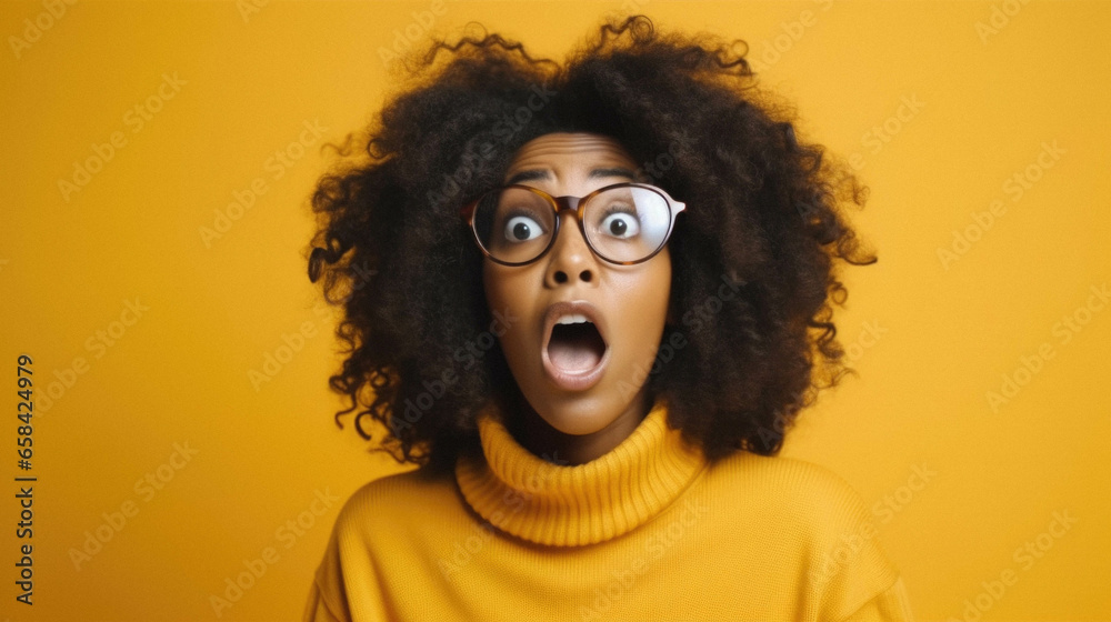 Young african american woman wearing glasses looking amazed and surprised, open mouth.