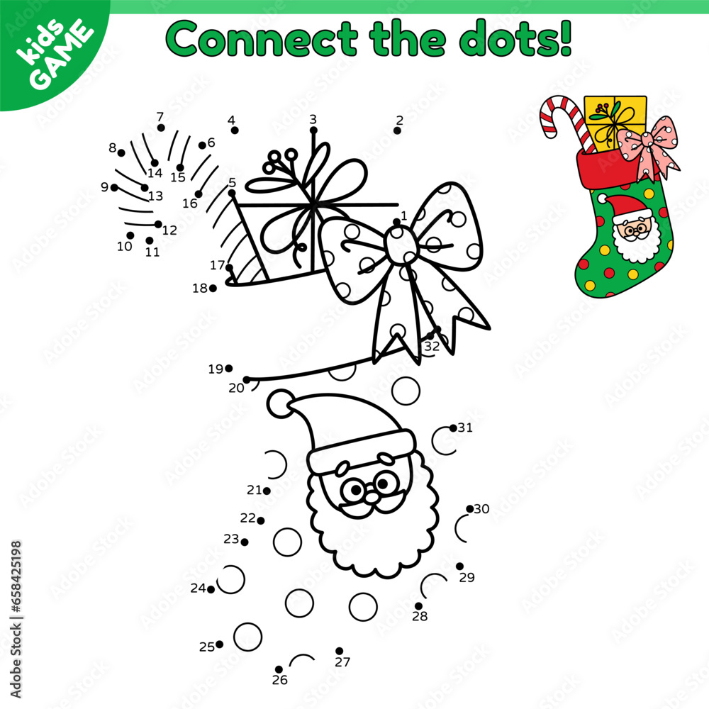 Obraz premium Dot to dot game for children. Connect the dots by numbers and draw a Cartoon Christmas stocking with Santa Claus. Activity book for kids. Baby educational puzzle. Vector Xmas sock with gift and candy.