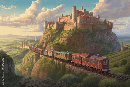 Fotografija a train passing through a scenic town near a hilltop castle and a cityscape