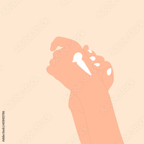 Female hands applying hand cream Hydration and protection. Flat style, vector illustration. Skin care concept.