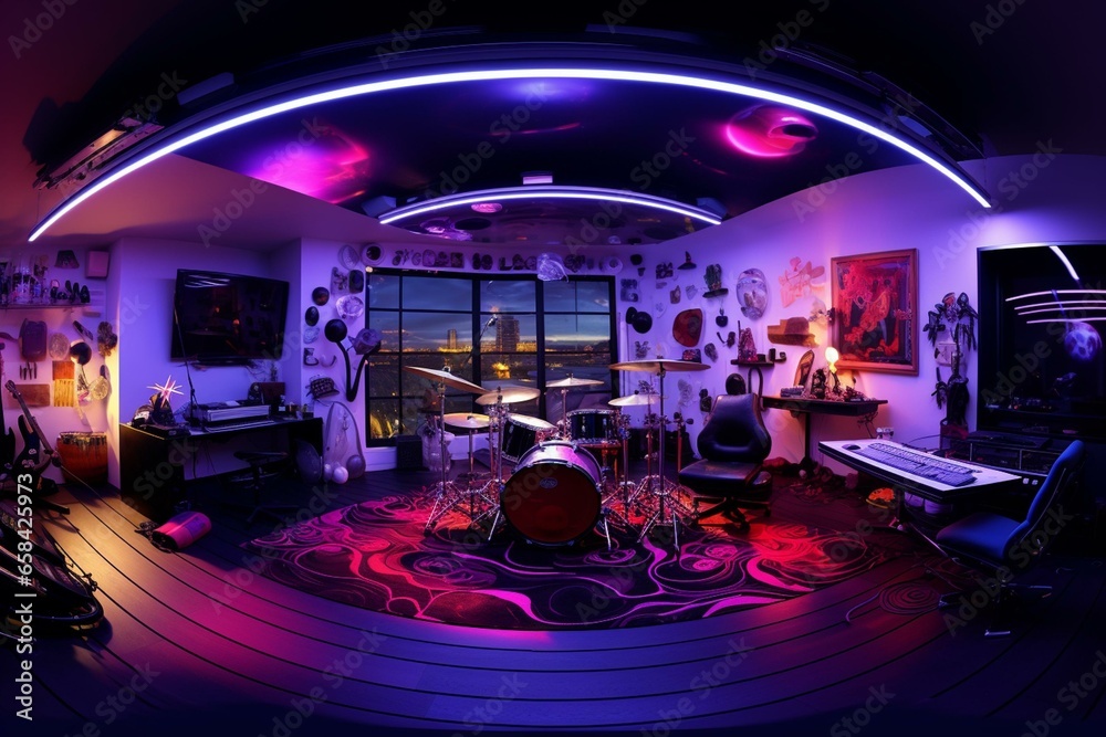 360 panorama music studio with neon light. Generative AI