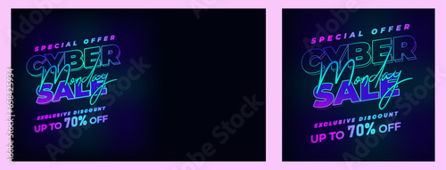 Cyber Monday Sale Special Offer Web Banner. Cyber Monday Colorful Neon Style Super Sale Post. Business, Promotion, and Advertising Vector Template. Seasonal Offers Mega Big Sale