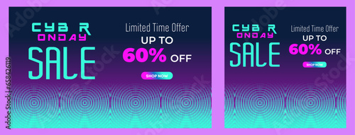 Cyber Monday Sale Special Offer Web Banner. Cyber Monday Colorful Neon Style Super Sale Post. Business, Promotion, and Advertising Vector Template. Seasonal Offers Mega Big Sale