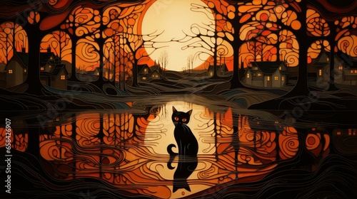 cat by a lake with a moon