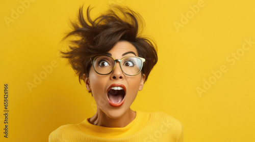 Portrait of excited young woman wearing eyeglasses with flying hair surprised on yellow background. © Synthetica