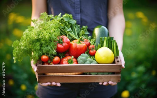 Farmer hands holding a box of fresh vegetables