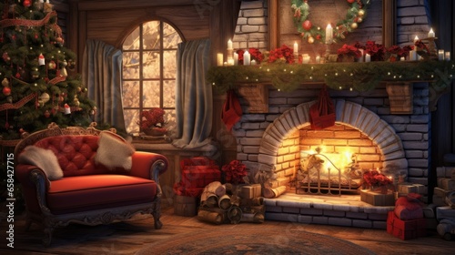 Christmas interior with fireplace, armchair and Christmas tree