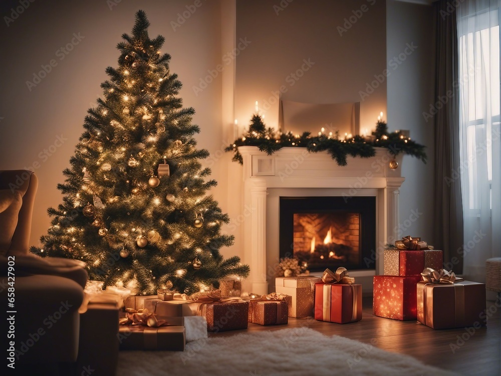  illuminated decorative Christmas tree and gift boxes inside the house