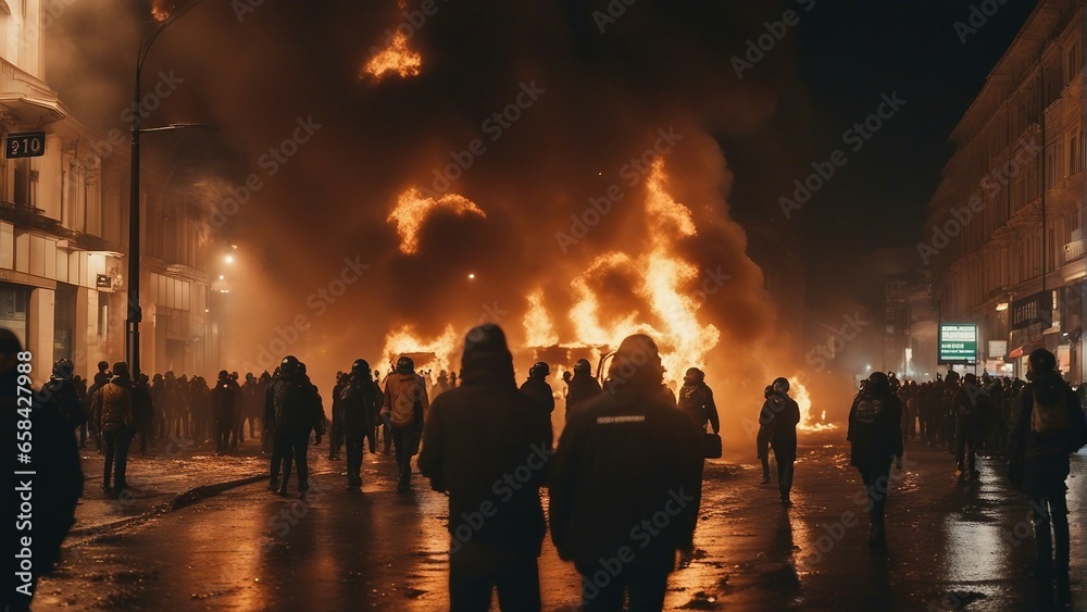 protesters, burning vehicles, flames and smoke in the city center