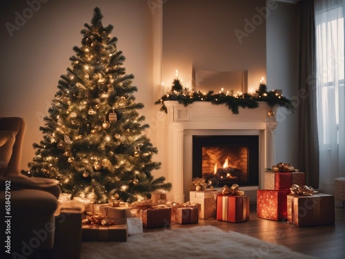  illuminated decorative Christmas tree and gift boxes inside the house © abu