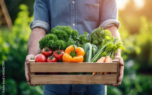 Farmer hands holding a box of fresh vegetables