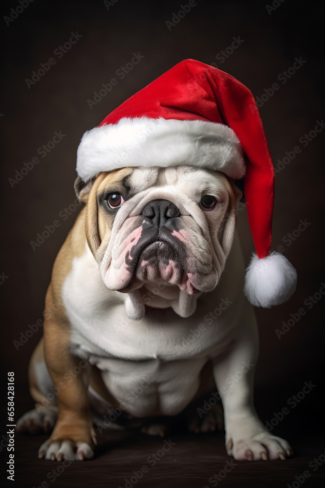 French bulldog in a Santa Claus hat, puppy or dog celebrating Christmas French bulldog in a Santa Claus hat, puppy or dog celebrating Christmas