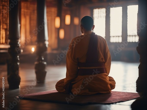 Buddhist person meditating in traditional attire.