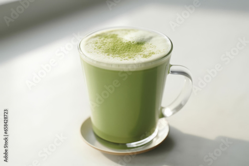 Matcha latte in a glass with latte art on a sunny day on white table