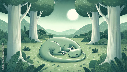Sleeping dinosaur nestled in a grassy meadow. The dinosaur, a gentle herbivore with long neck and tail, rests with its eyes closed © Marvin