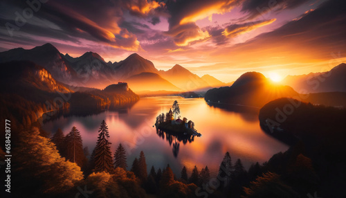 breathtaking landscape during golden hour. The scene showcases a serene lake reflecting the vibrant hues of the sunset