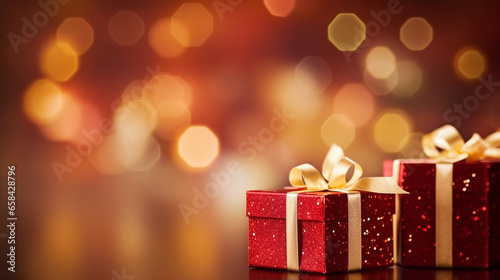 Christmas gift red boxes on blurred background with defocused lights - Generative AI © chris3d