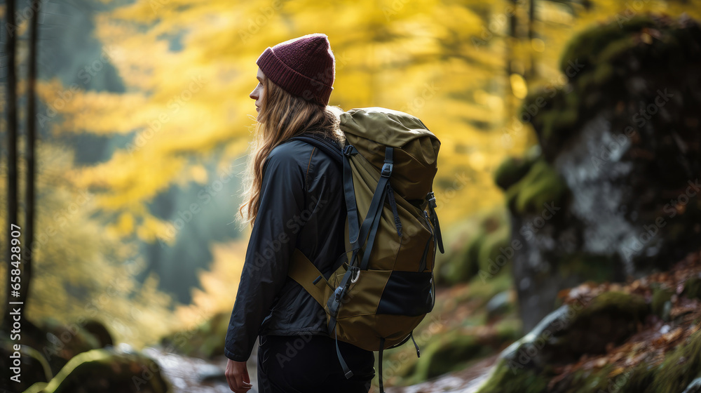 A young woman with a backpack hiking in the forest outdoors A young woman with a backpack hiking in the forest outdoors
