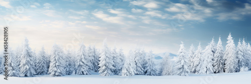 Wide panorama of pine trees and snow field after snowfall in winter