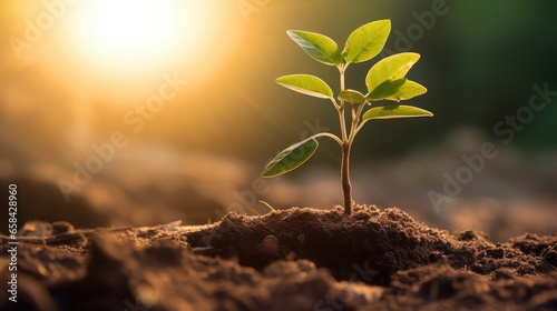 A seed grows from the soil with beautiful light