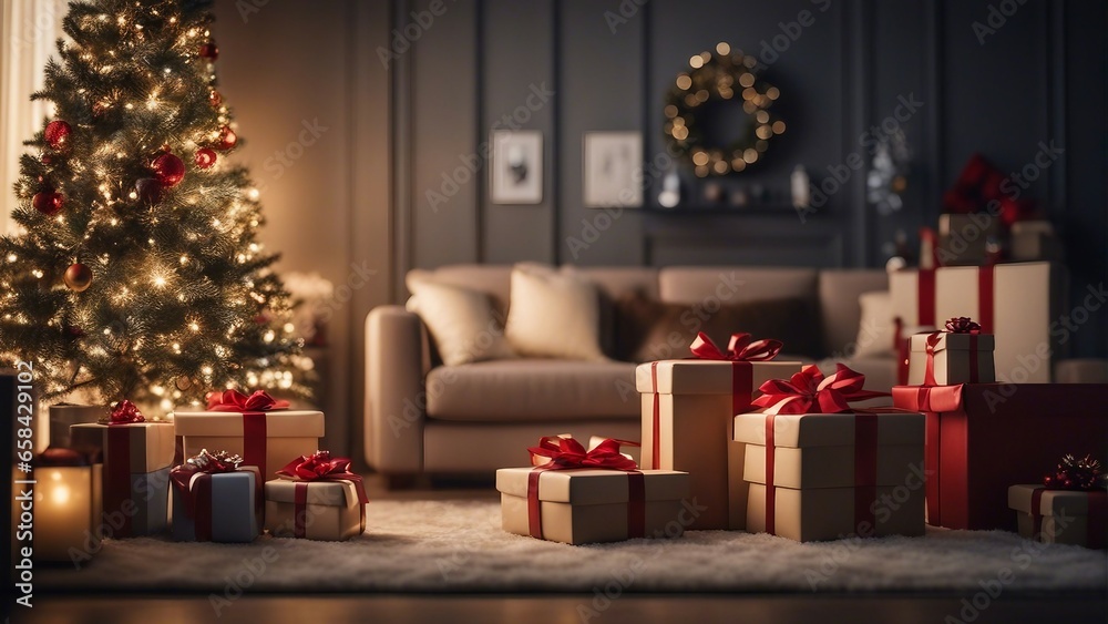  illuminated decorative Christmas tree and gift boxes inside the house