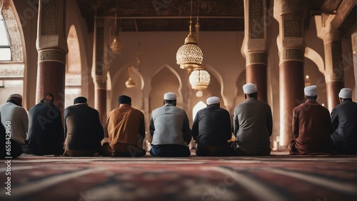 Muslims worshiping in the mosque, back view photo