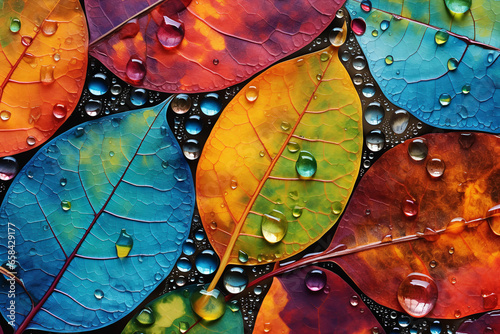 colorful leaves with drops of water - generative AI