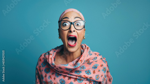 Young funny african american woman screaming wearing glasses looking crazy and amazed with open mouth . Shouting isolated on blue photo