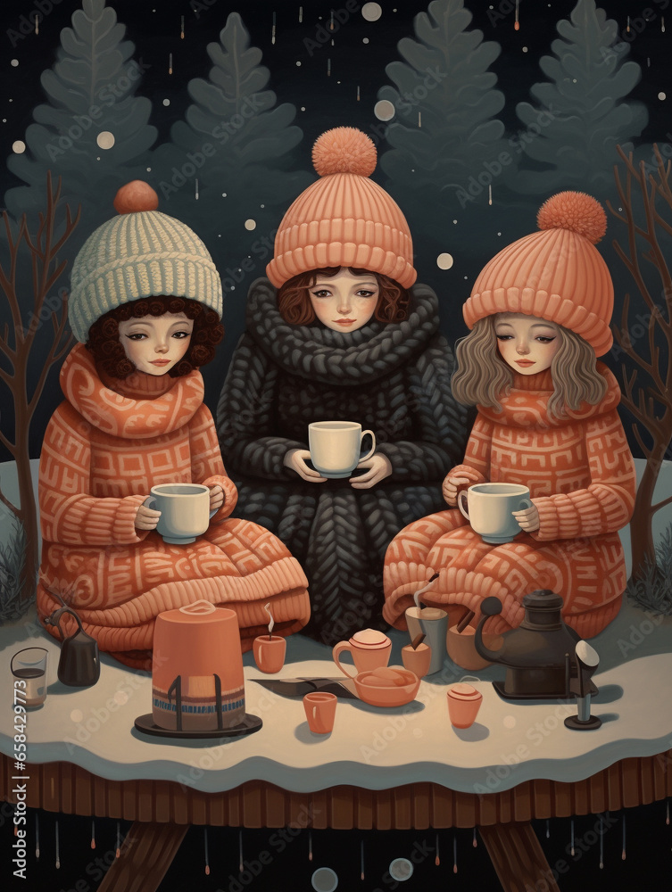 A Surreal Illustration of Friends Draped in Cozy Blankets, Sipping Hot Chocolate Outside