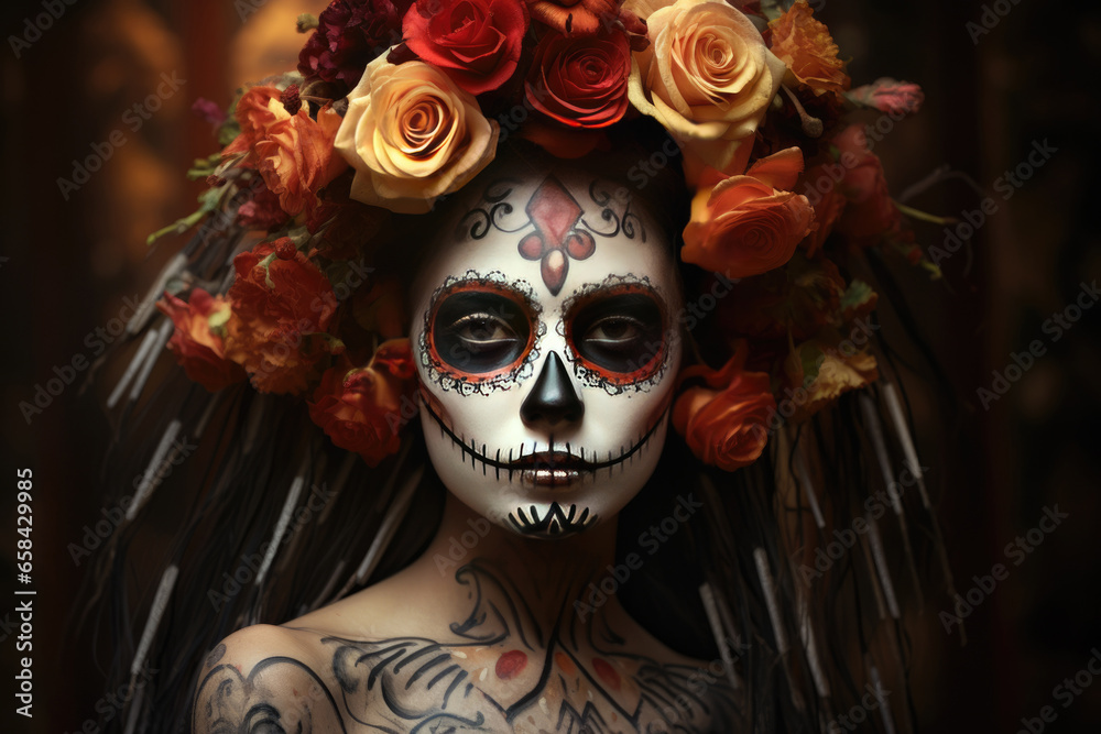 Woman dressed up in Day of the Dead costume with sugar skull makeup