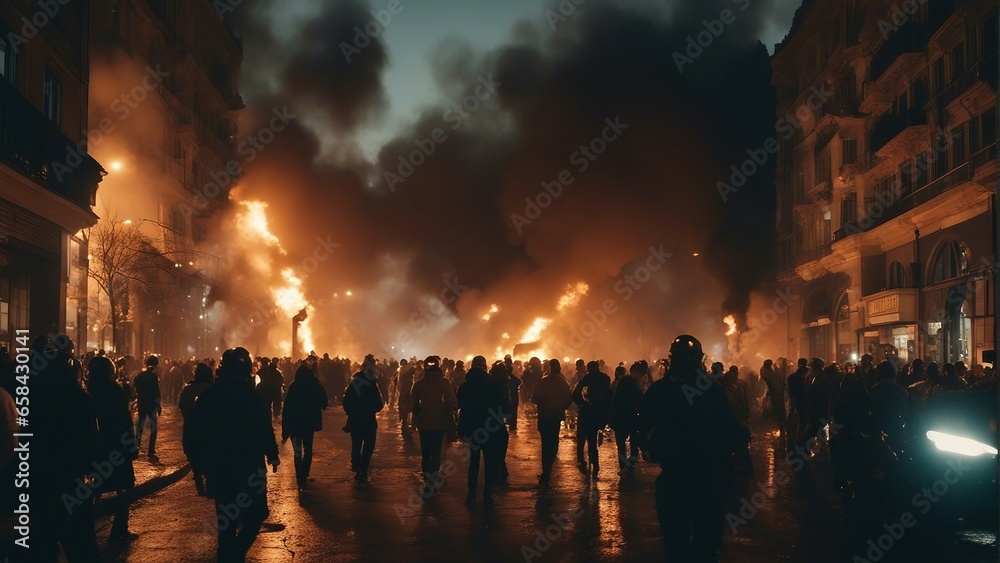 protesters, burning vehicles, flames and smoke in the city center protesters, burning vehicles, flames and smoke in the city center