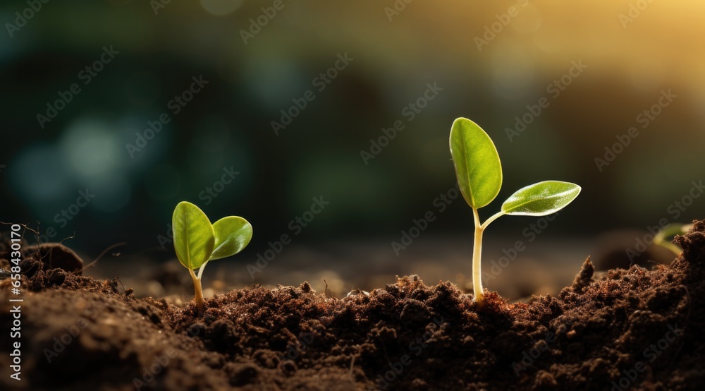 Two small plants sprouting out of the ground. Generative AI. Two small plants sprouting out of the ground. Generative AI.