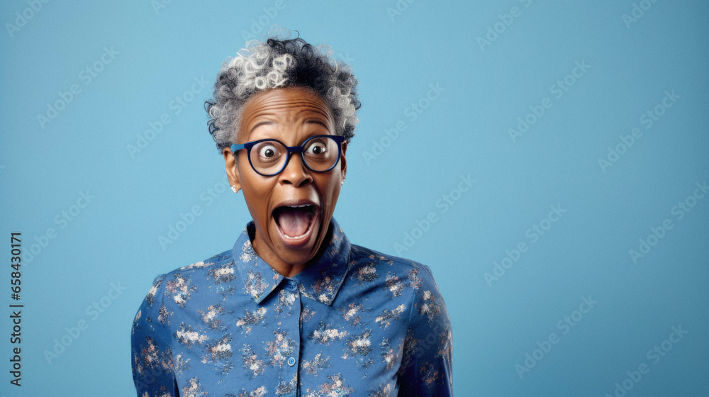 Shocked old senior african american woman wearing casual clothes isolated on blue background amazed and surprised looking at camera - obrazy, fototapety, plakaty 