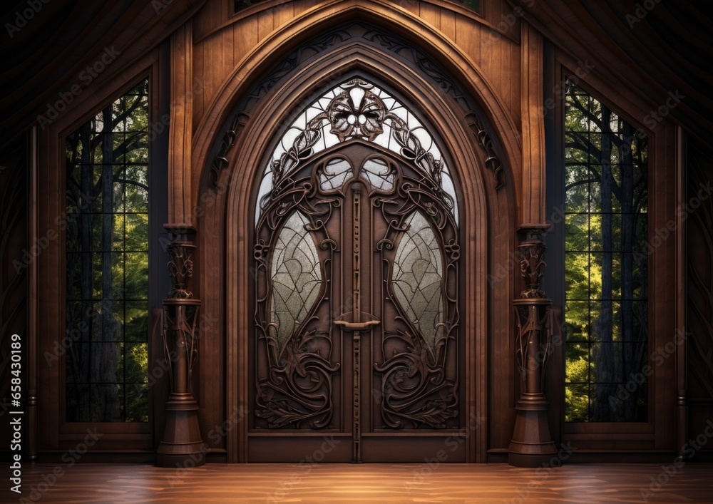 A large wooden door with a glass window. Generative AI.