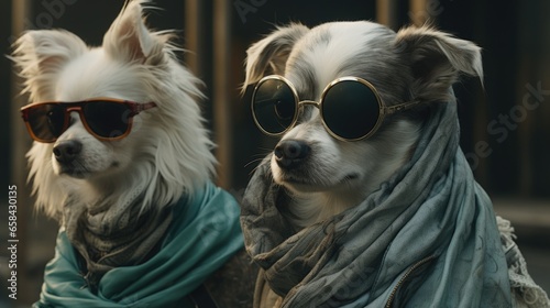 Two dogs wearing sunglasses and a scarf. Generative AI.