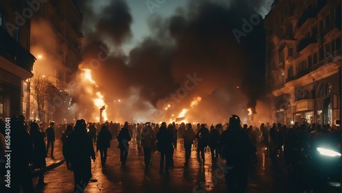 protesters, burning vehicles, flames and smoke in the city center