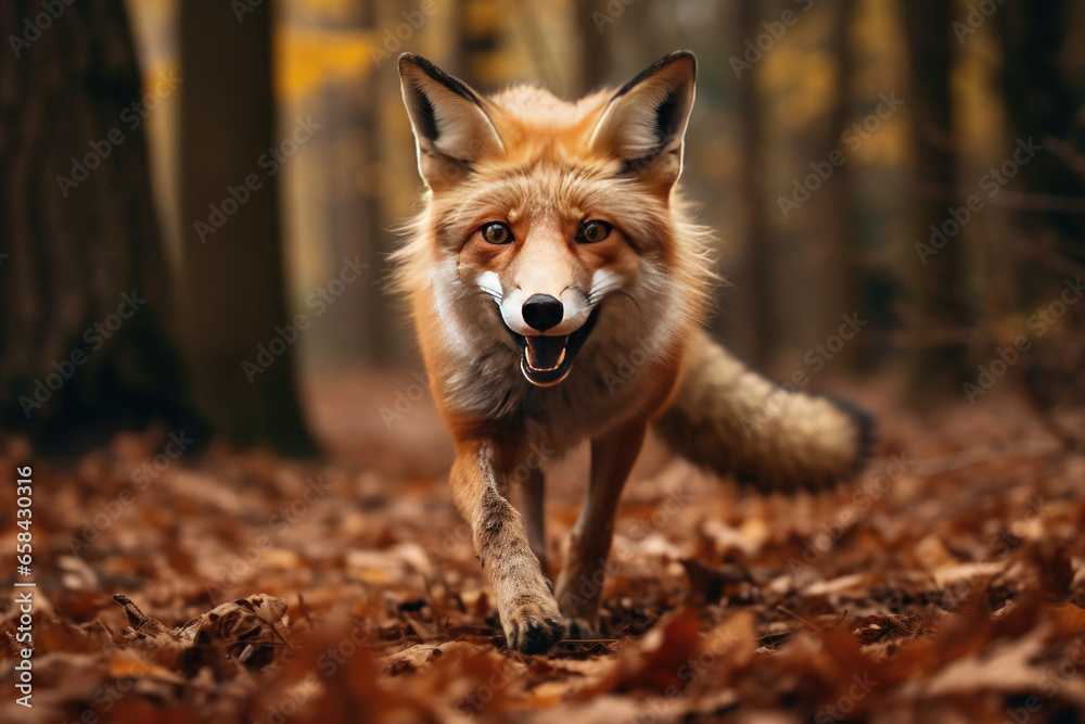 Red fox running through autumn park or forest